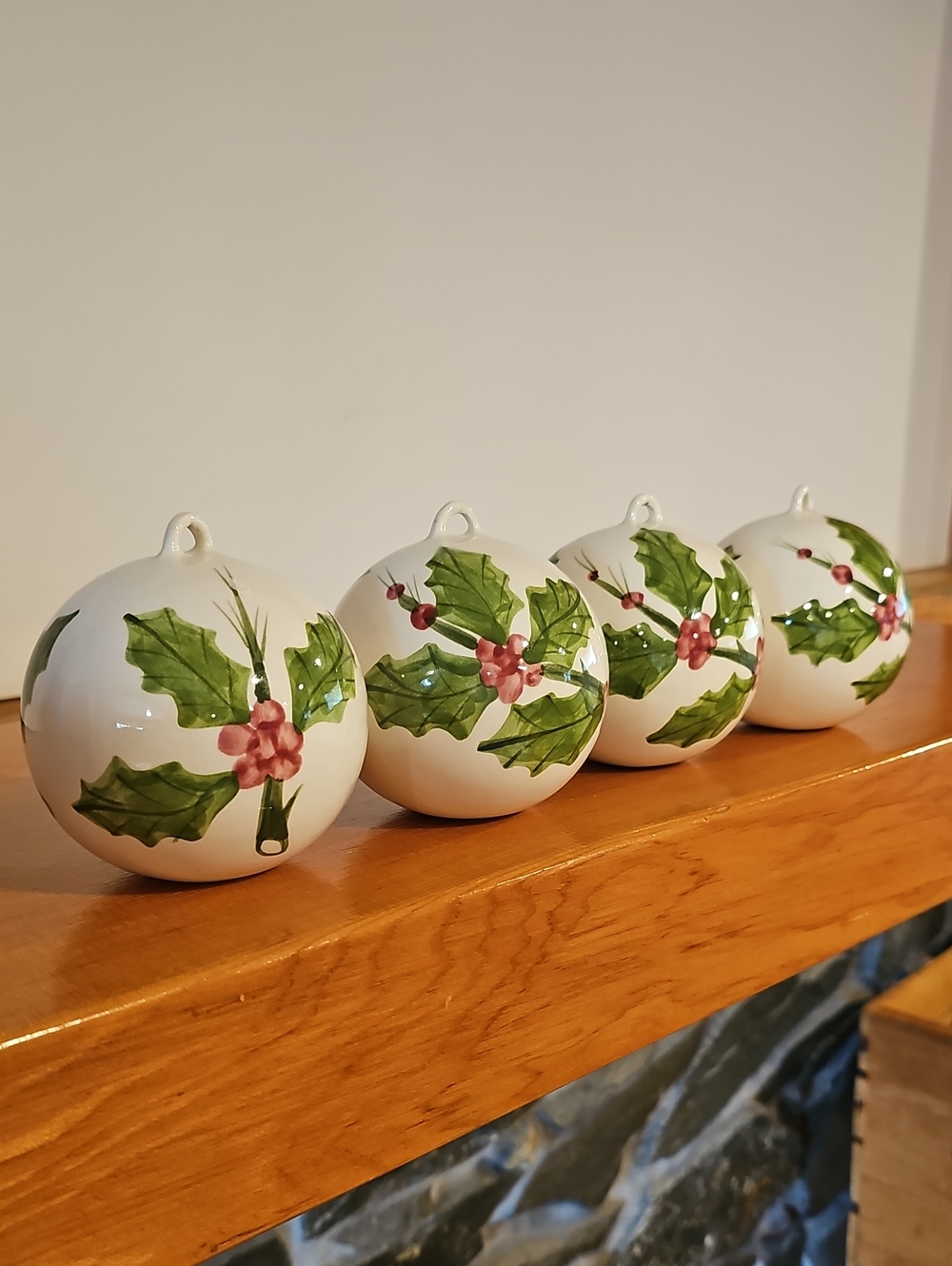 Holiday Ceramic Holly Ornament Balls- White with Green Leaves and Red Berry